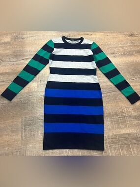 Karen Millen woman’s M Navy, green & Light Gray Striped Knit sweater dress